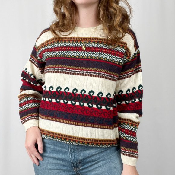Vintage Wool Fair Isle Cable Knit Sweater Made In Scotland Oversized Grandpa - Picture 8 of 8